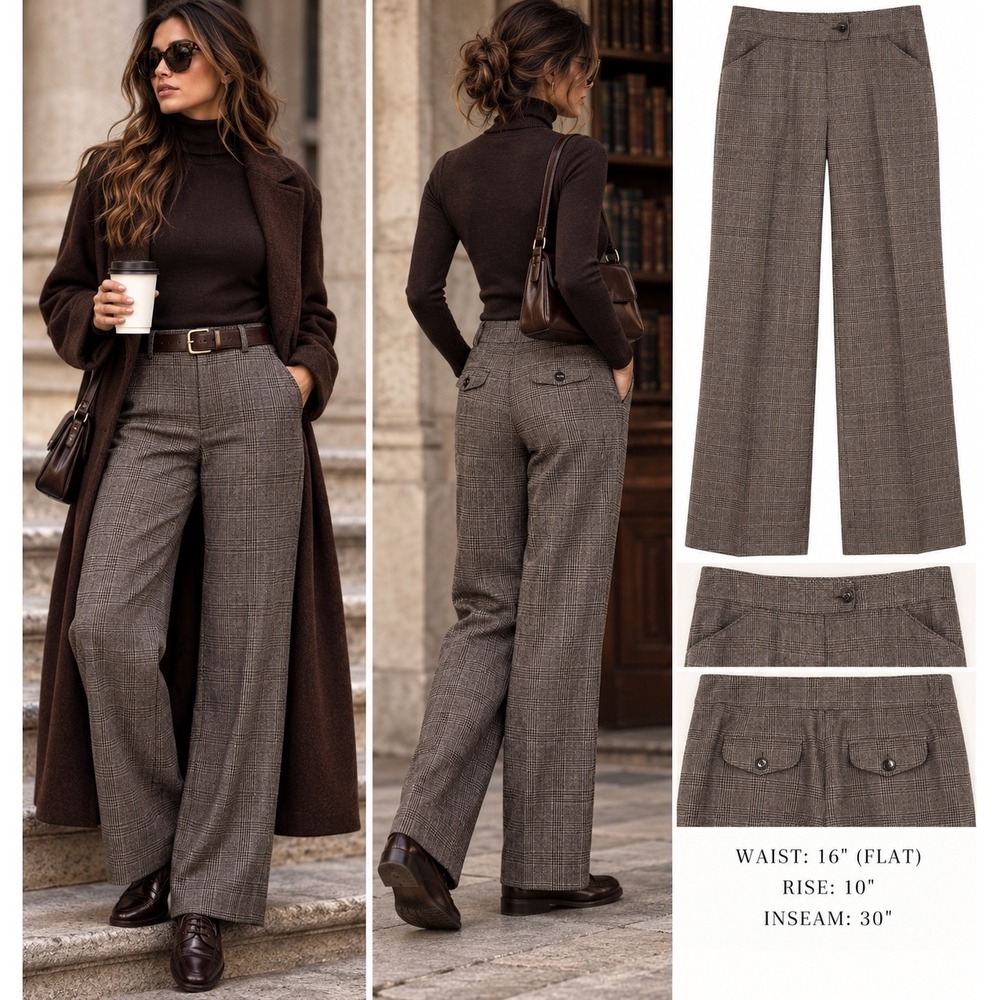 Ann Taylor Plaid Pants 6 Dark Academia Brown Wide Leg Glen Check Old Money